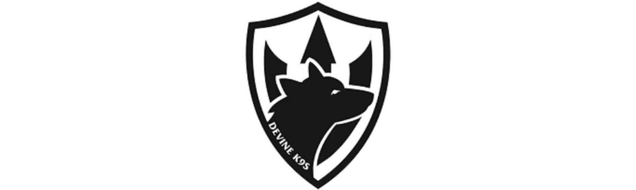 Untitled design copy 2 A black and white shield logo featuring a dog’s head silhouette in profile and a trident in the background, with the words DEVINE K9S written along the lower edge—perfect for a Malibu therapist or anyone passionate about mental health.